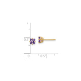 14k Yellow Gold Stud Earrings with Princess Cut Amethyst in Four Prong Setting