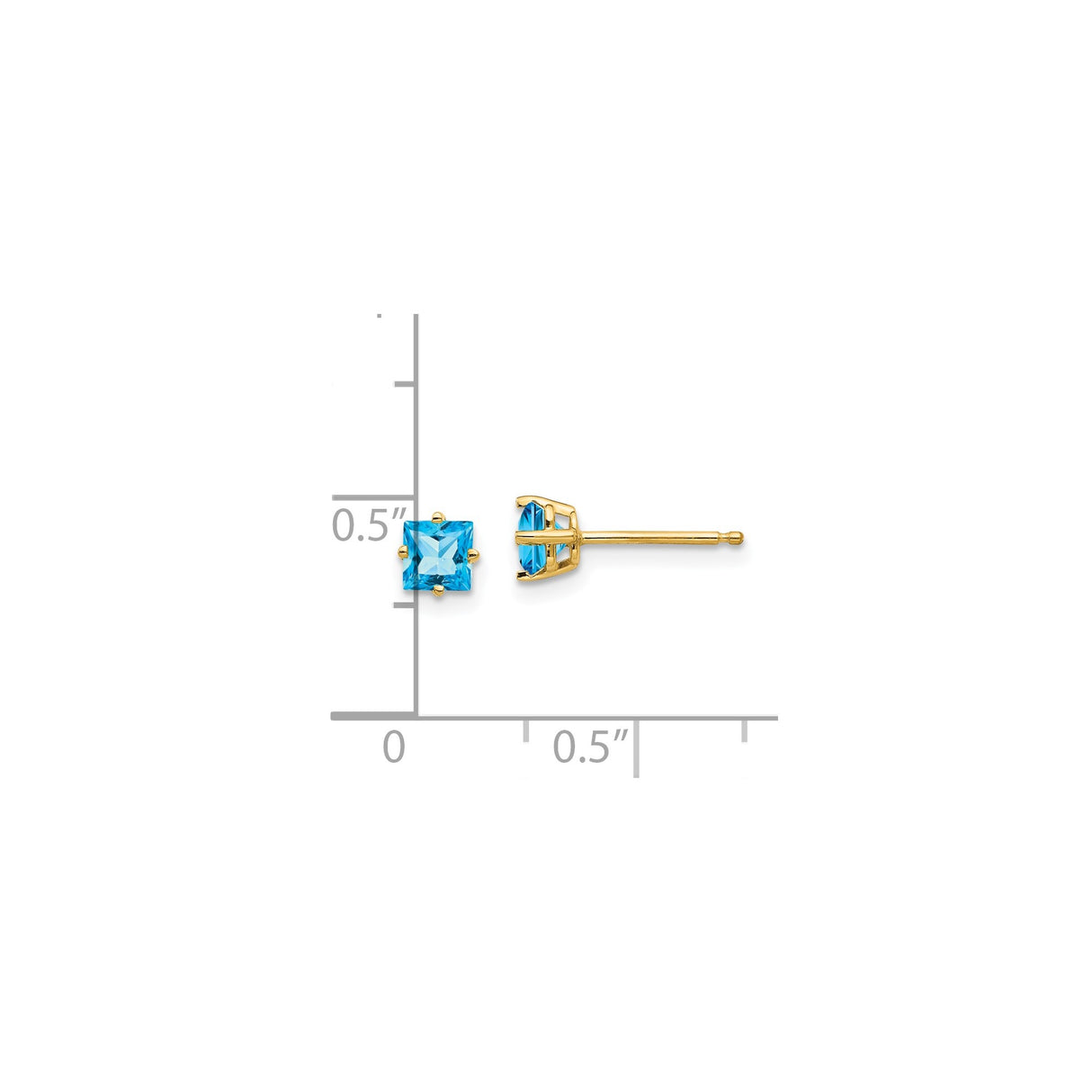 14k Yellow Gold Stud Earrings with Swiss Blue Topaz, Princess Cut, Minimalist Style