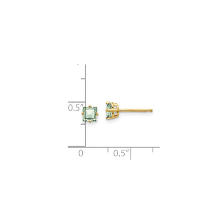 14k Yellow Gold Stud Earrings with Square Cut Green Quartz, Minimalist Four Prong Design