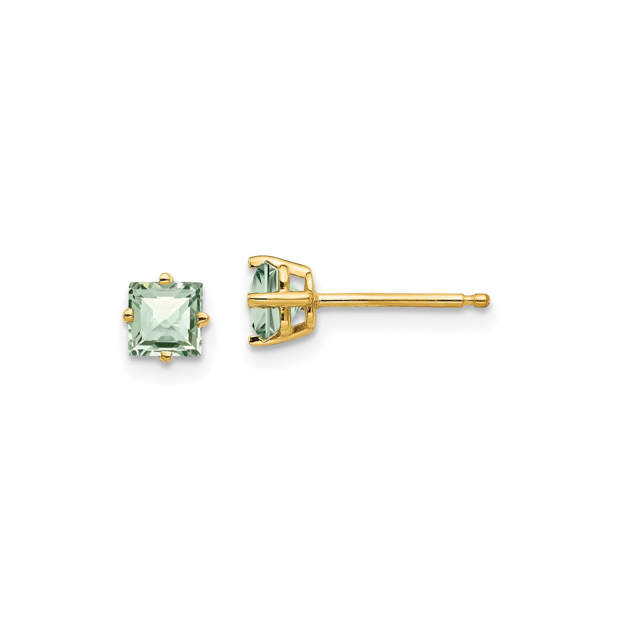 14k Yellow Gold Stud Earrings with Square Cut Green Quartz, Minimalist Four Prong Design