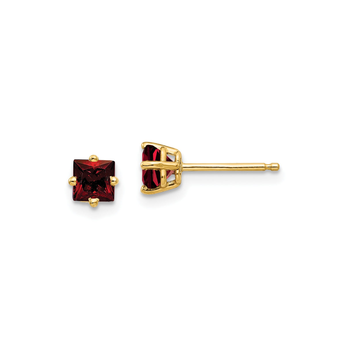 14k Yellow Gold Stud Earrings, Princess Cut Garnet, Minimalist Square Design for Women