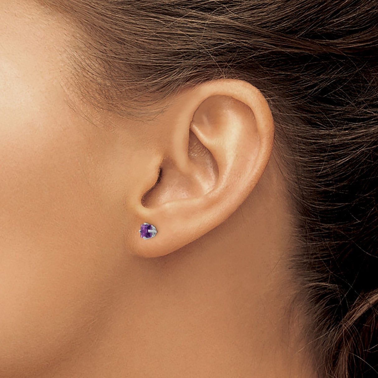 14k White Gold Stud Earrings with Square Cut Amethyst in Four Prong Setting