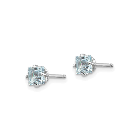 14k White Gold Stud Earrings with Square Cut Aquamarine, Prong Set Minimalist Style