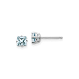 14k White Gold Stud Earrings with Square Cut Aquamarine, Prong Set Minimalist Style