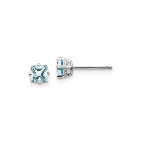 14k White Gold Stud Earrings with Square Cut Aquamarine, Prong Set Minimalist Style