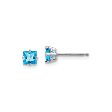 14k White Gold Stud Earrings with Swiss Blue Topaz, Princess Cut, Minimalist Style