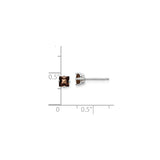 14k White Gold Stud Earrings with Smoky Quartz, Square Cut Minimalist Style for Women