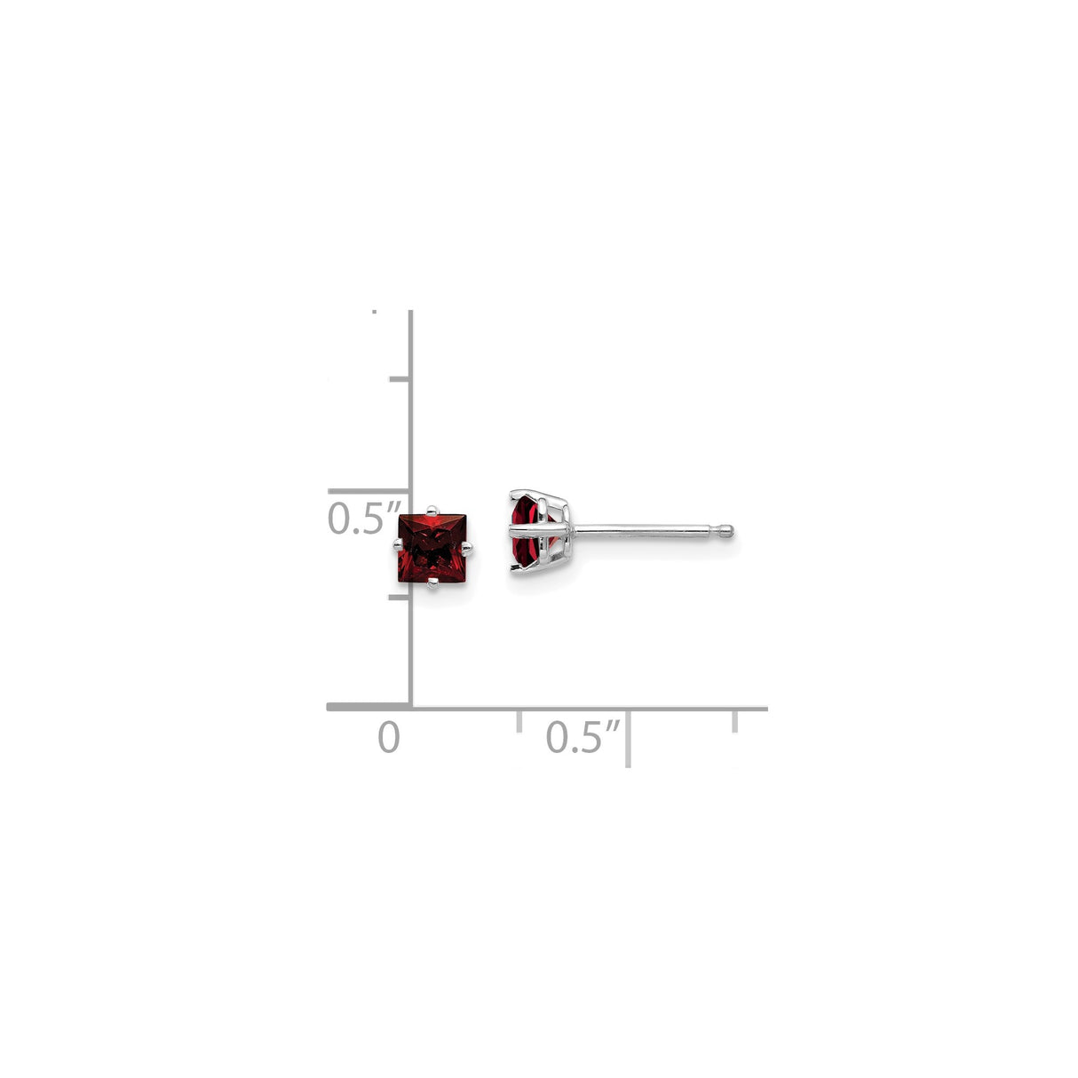 14k White Gold Garnet Stud Earrings, Square Princess Cut Minimalist Style