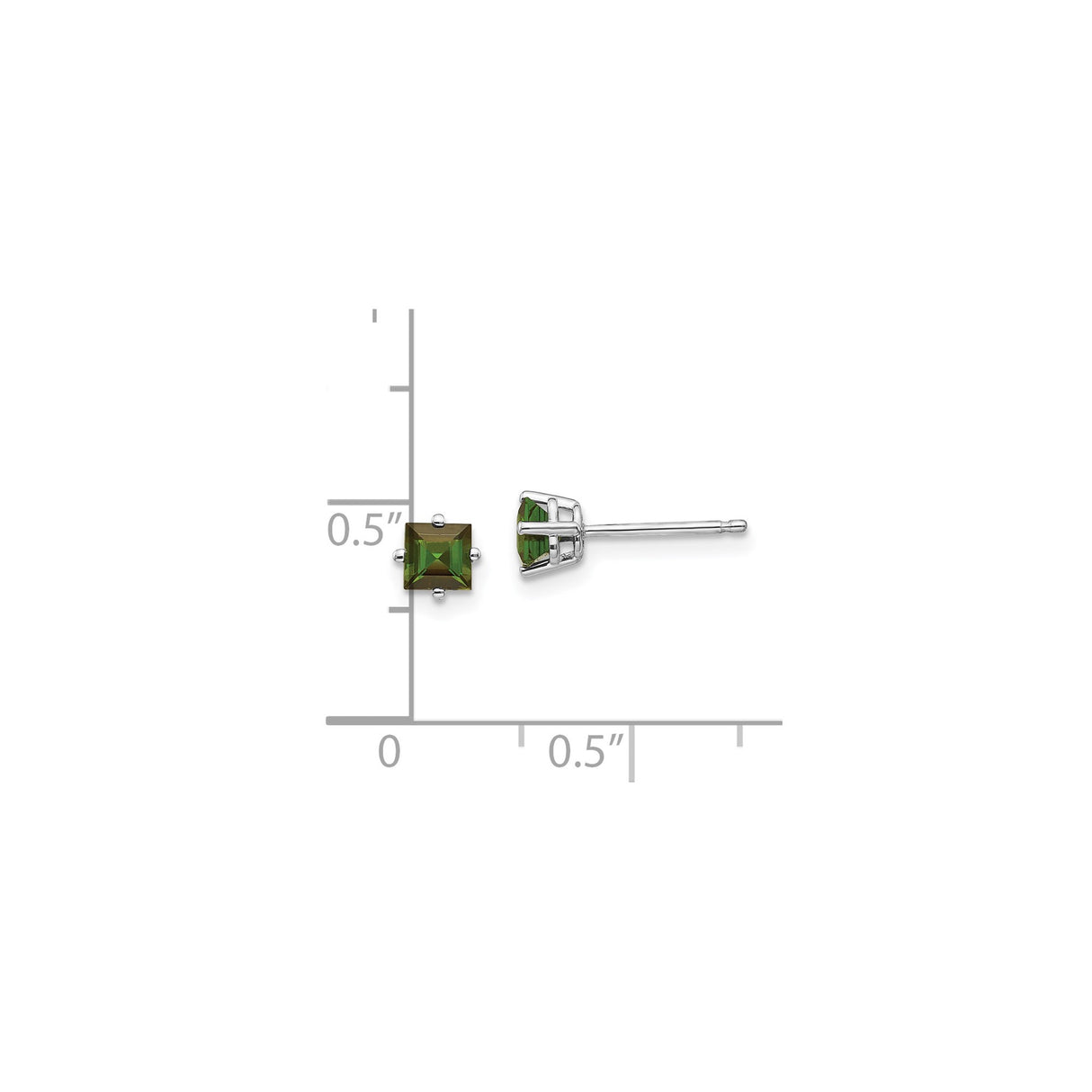14k White Gold Stud Earrings with Green Tourmaline, Square Cut, Minimalist Style