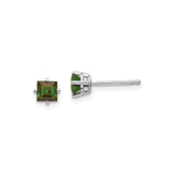 14k White Gold Stud Earrings with Green Tourmaline, Square Cut, Minimalist Style