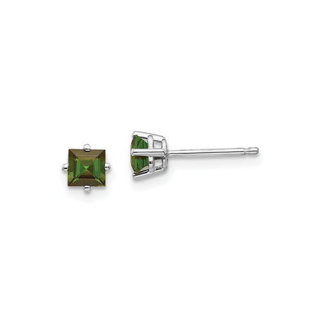 14k White Gold Stud Earrings with Green Tourmaline, Square Cut, Minimalist Style