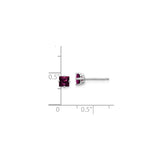 14k White Gold Stud Earrings with Princess-Cut Rhodolite Garnet, Four-Prong Setting