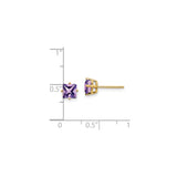 14k Yellow Gold Stud Earrings with Princess Cut Amethyst, Minimalist Solitaire Design