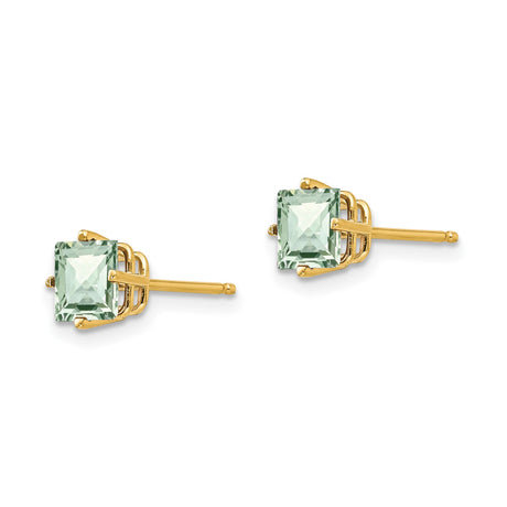 14k Yellow Gold Stud Earrings with Square Checker Cut Green Amethyst, Minimalist Design