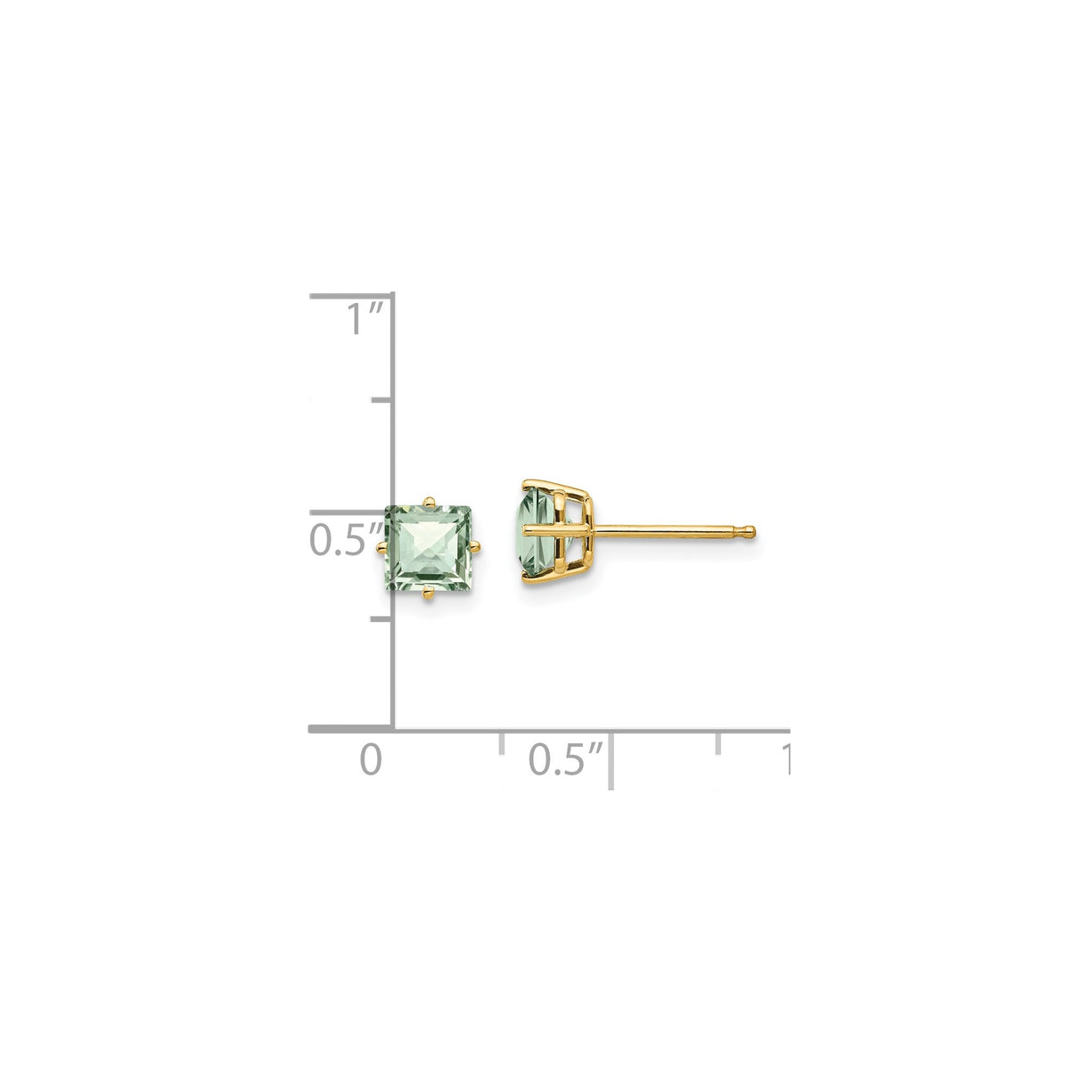14k Yellow Gold Stud Earrings with Square Checker Cut Green Amethyst, Minimalist Design