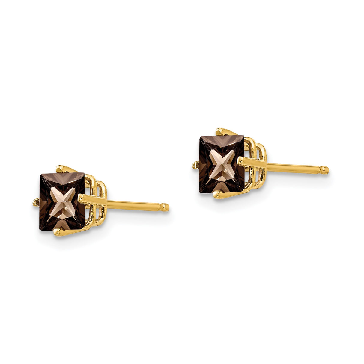 14k Yellow Gold Stud Earrings with Princess Cut Smoky Quartz, Square Minimalist Design