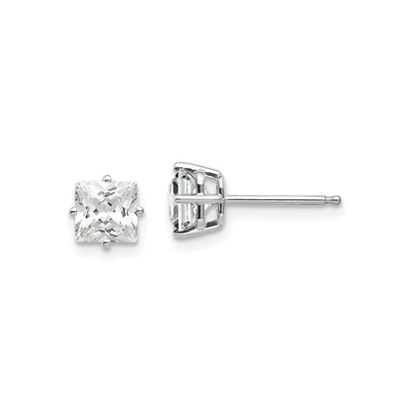 14k White Gold Stud Earrings with Princess Cut Cubic Zirconia, Classic Solitaire Design