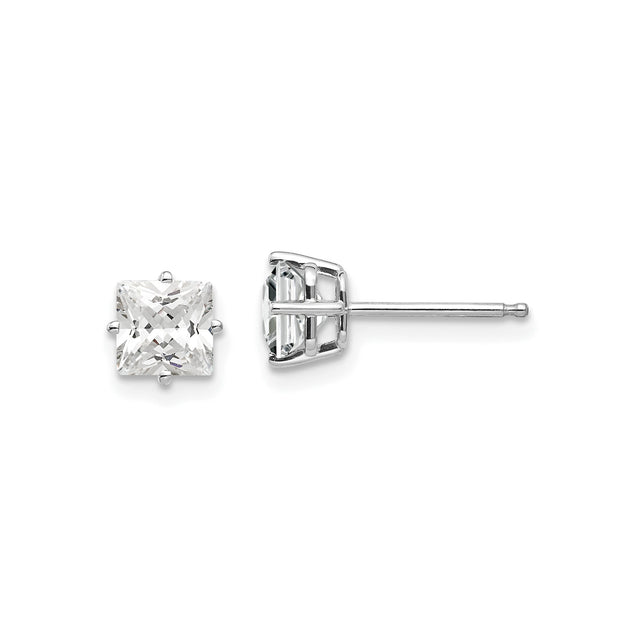 14k White Gold Stud Earrings with Princess Cut Cubic Zirconia, Classic Solitaire Design
