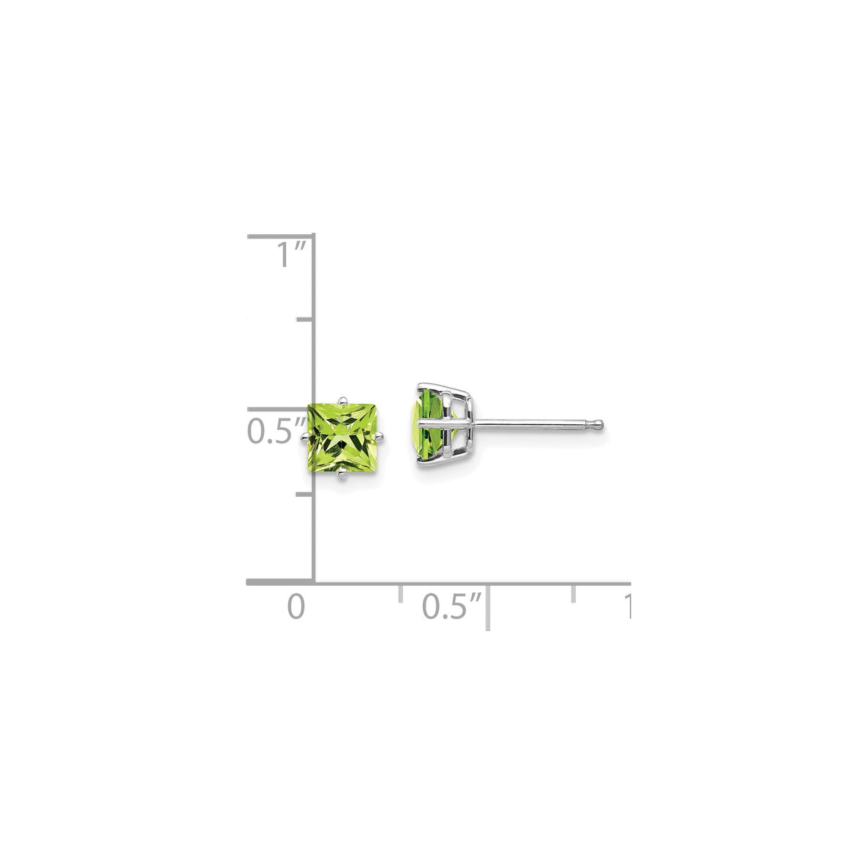 14k White Gold Stud Earrings with Square Cut Peridot, Minimalist Four Prong Design