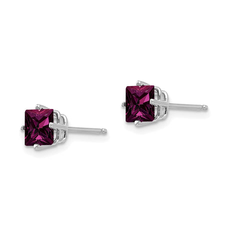 14k White Gold Stud Earrings with Rhodolite Garnet, Square Cut, Minimalist Design for Women