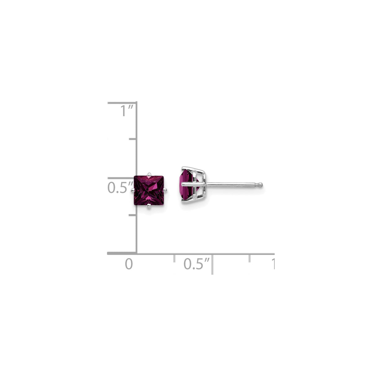 14k White Gold Stud Earrings with Rhodolite Garnet, Square Cut, Minimalist Design for Women