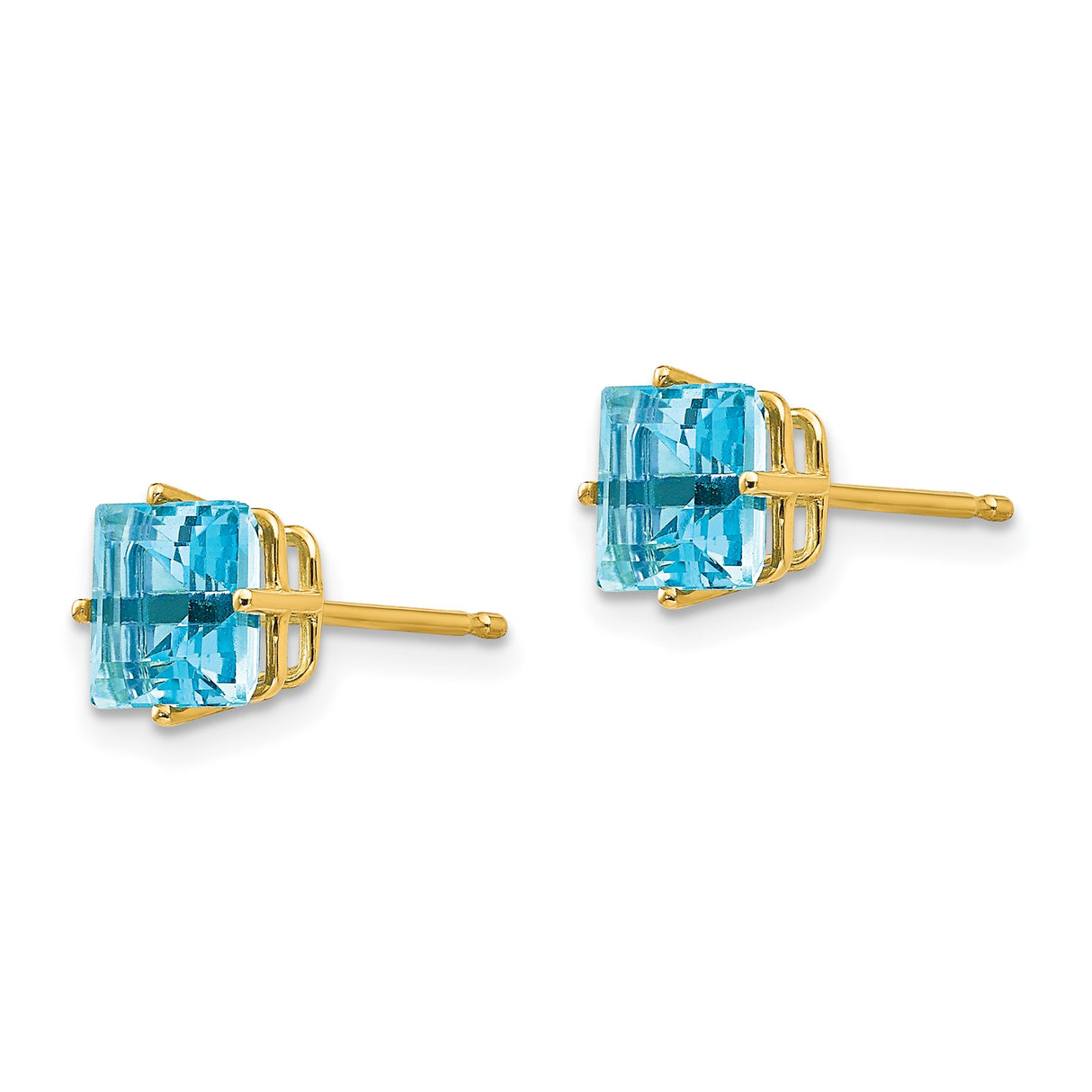 14k Yellow Gold Stud Earrings with Swiss Blue Topaz, Princess Cut, Minimalist Style