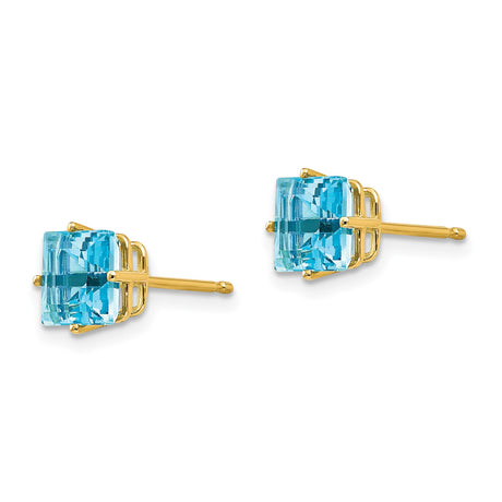 14k Yellow Gold Stud Earrings with Swiss Blue Topaz, Princess Cut, Minimalist Style