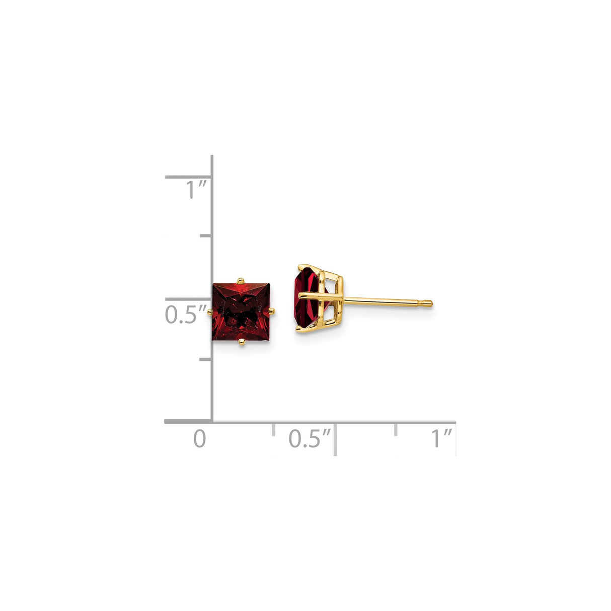 14k Yellow Gold Stud Earrings with Square Cut Garnet in Four Prong Setting