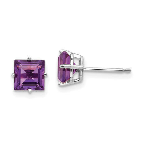 14k White Gold Stud Earrings with Square Cut Amethyst, Modern Minimal Design