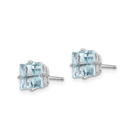 14k White Gold Aquamarine Stud Earrings, Square Cut, Modern Minimalist Style