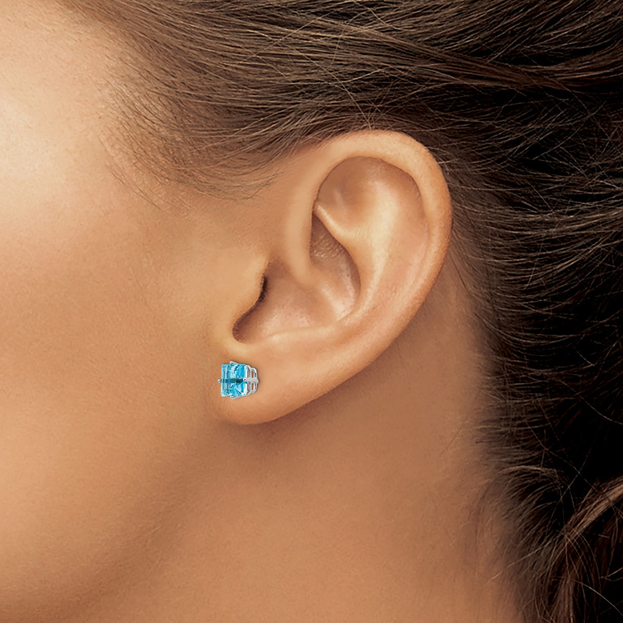 14k White Gold Stud Earrings with Swiss Blue Topaz Princess Cut for Women