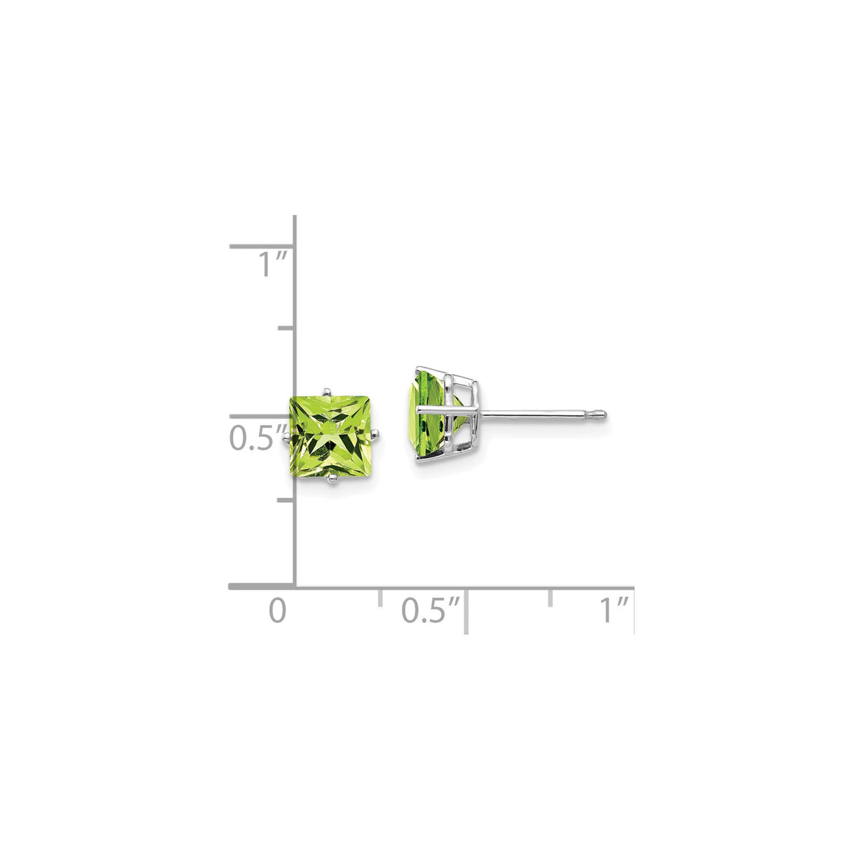 14k White Gold Stud Earrings with Square Cut Peridot in Four Prong Setting