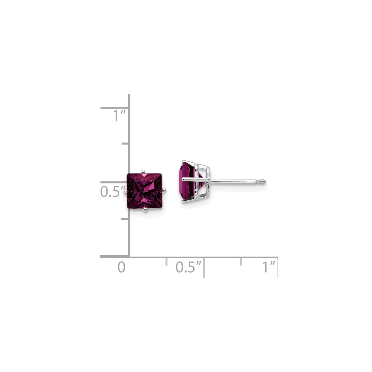 14k White Gold Stud Earrings with Rhodolite Garnet, Square Cut Minimalist Design