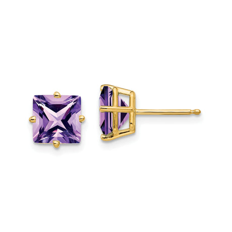 14k Yellow Gold Stud Earrings with Princess Cut Amethyst, Square Minimalist Design for Women