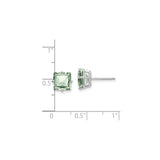 14k White Gold Stud Earrings with Square Cut Green Quartz, Checker Cut, Four Prong Setting