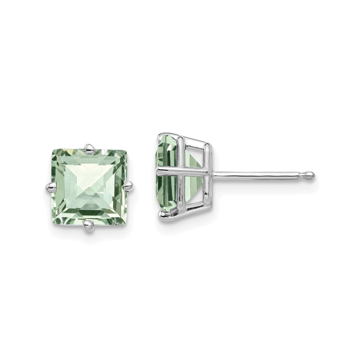 14k White Gold Stud Earrings with Square Cut Green Quartz, Checker Cut, Four Prong Setting
