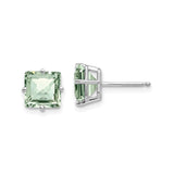 14k White Gold Stud Earrings with Square Cut Green Quartz, Checker Cut, Four Prong Setting
