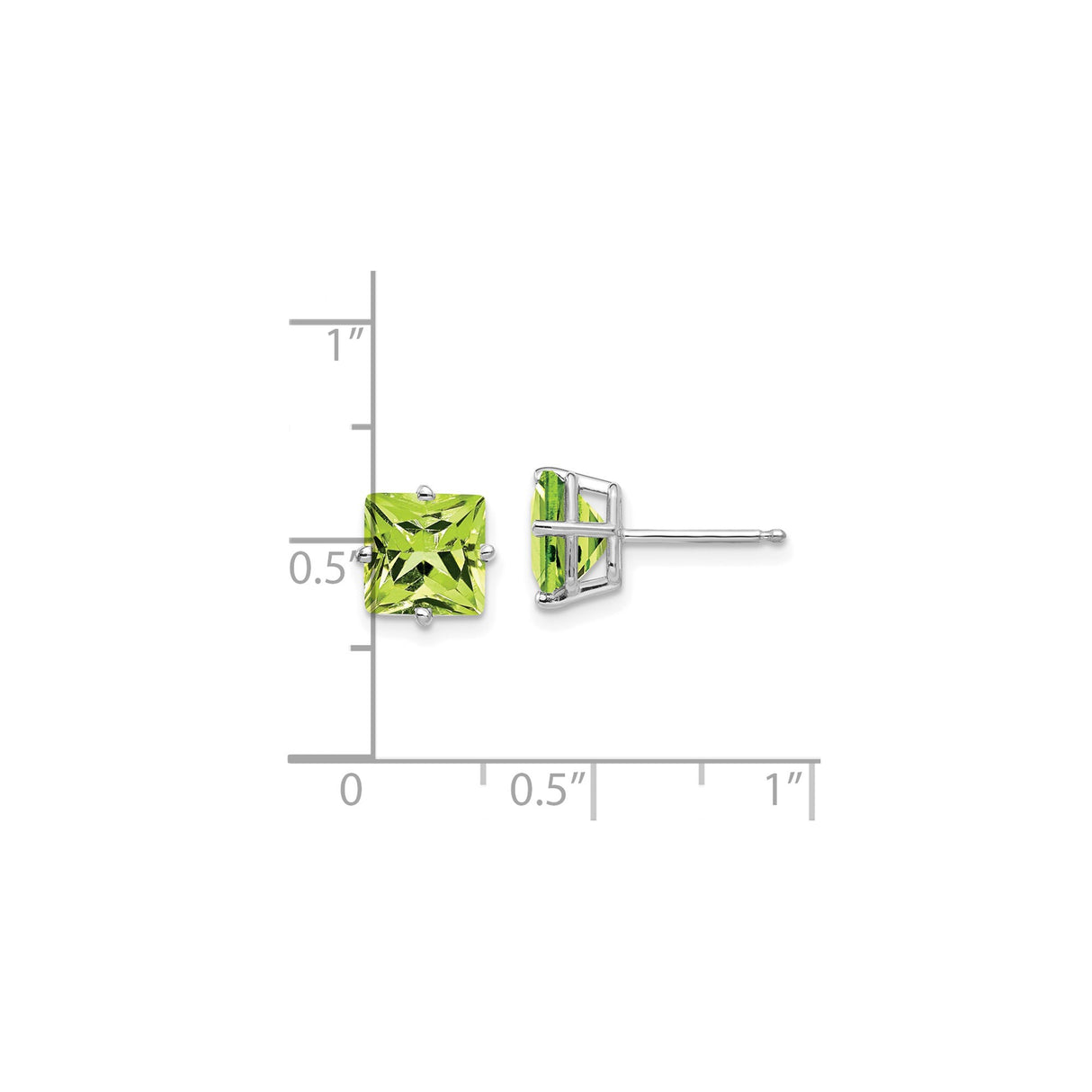 14k White Gold Stud Earrings with Square Cut Peridot, Minimalist August Birthstone Jewelry