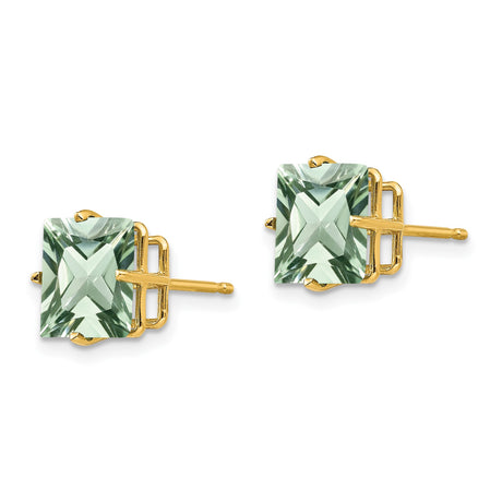 14k Yellow Gold Stud Earrings with Square Cut Green Quartz, Minimalist Classic Design for Women