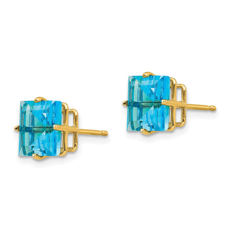 14k Yellow Gold Blue Topaz Stud Earrings, Square Cut Gemstones, Modern Minimalist Style for Women