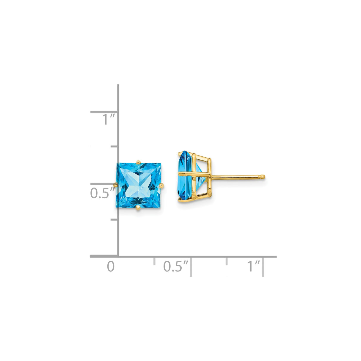 14k Yellow Gold Blue Topaz Stud Earrings, Square Cut Gemstones, Modern Minimalist Style for Women
