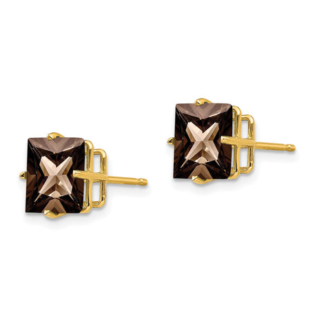 14k Yellow Gold Stud Earrings with Square Smoky Quartz, Checker Cut Gemstone Design