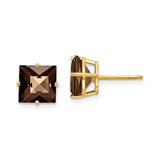 14k Yellow Gold Stud Earrings with Square Smoky Quartz, Checker Cut Gemstone Design