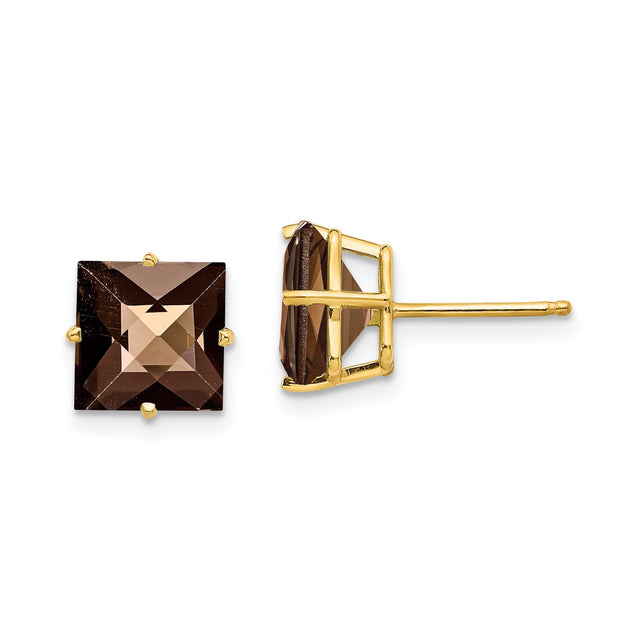 14k Yellow Gold Stud Earrings with Square Smoky Quartz, Checker Cut Gemstone Design