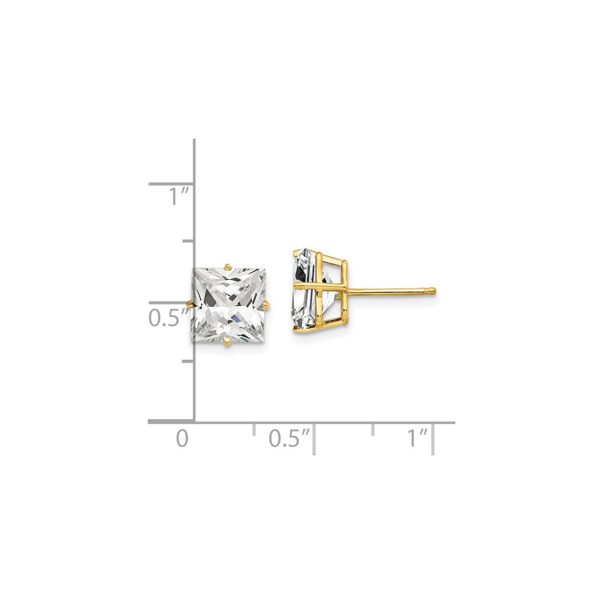 14k Yellow Gold Stud Earrings with Princess Cut Cubic Zirconia, Minimalist Square Design