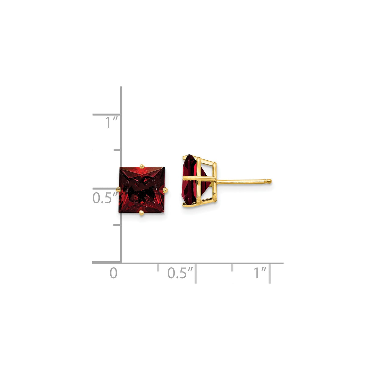 14k Yellow Gold Stud Earrings with Princess Cut Garnet in Four Prong Setting