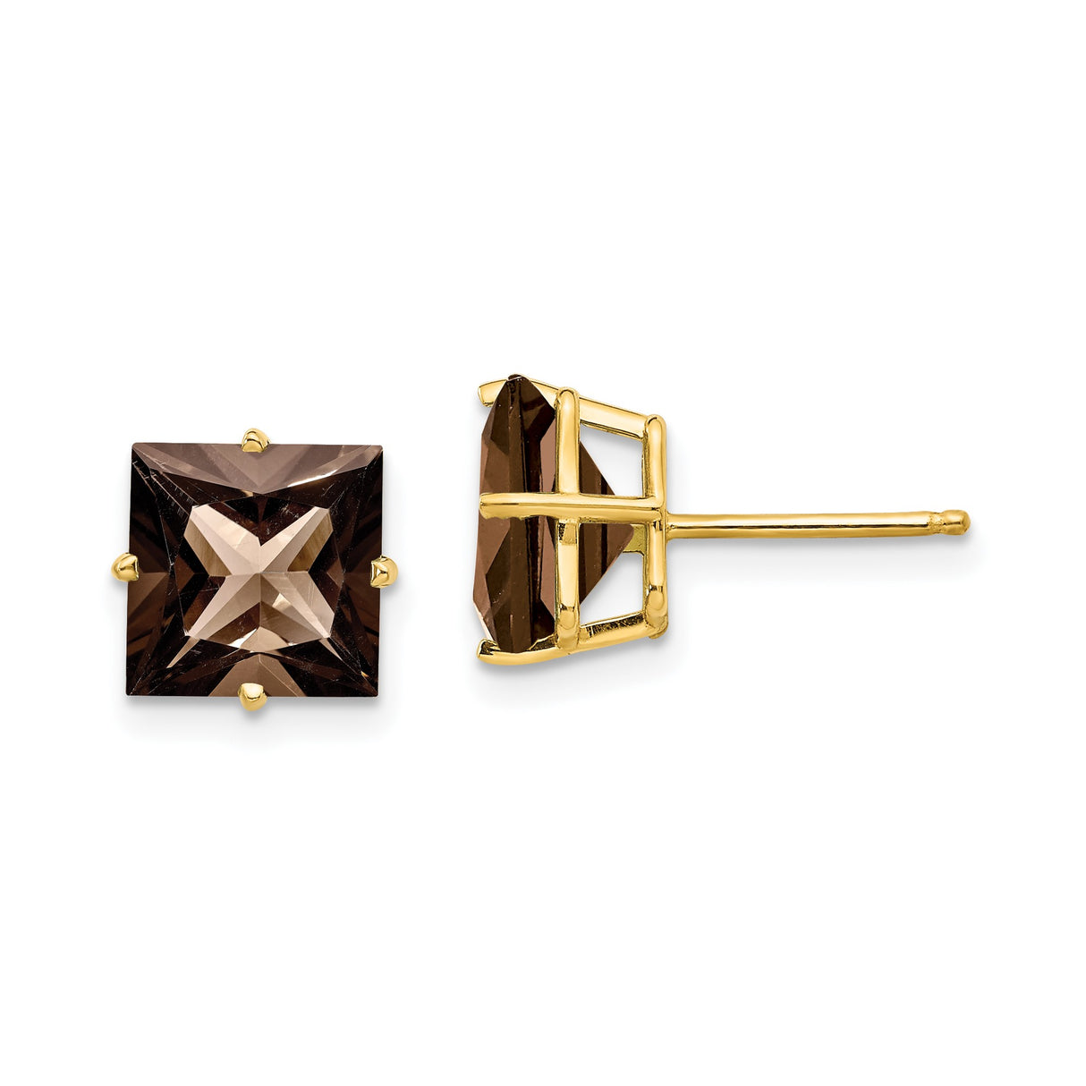 14k Yellow Gold Stud Earrings with Square Smoky Quartz in 4 Prong Setting
