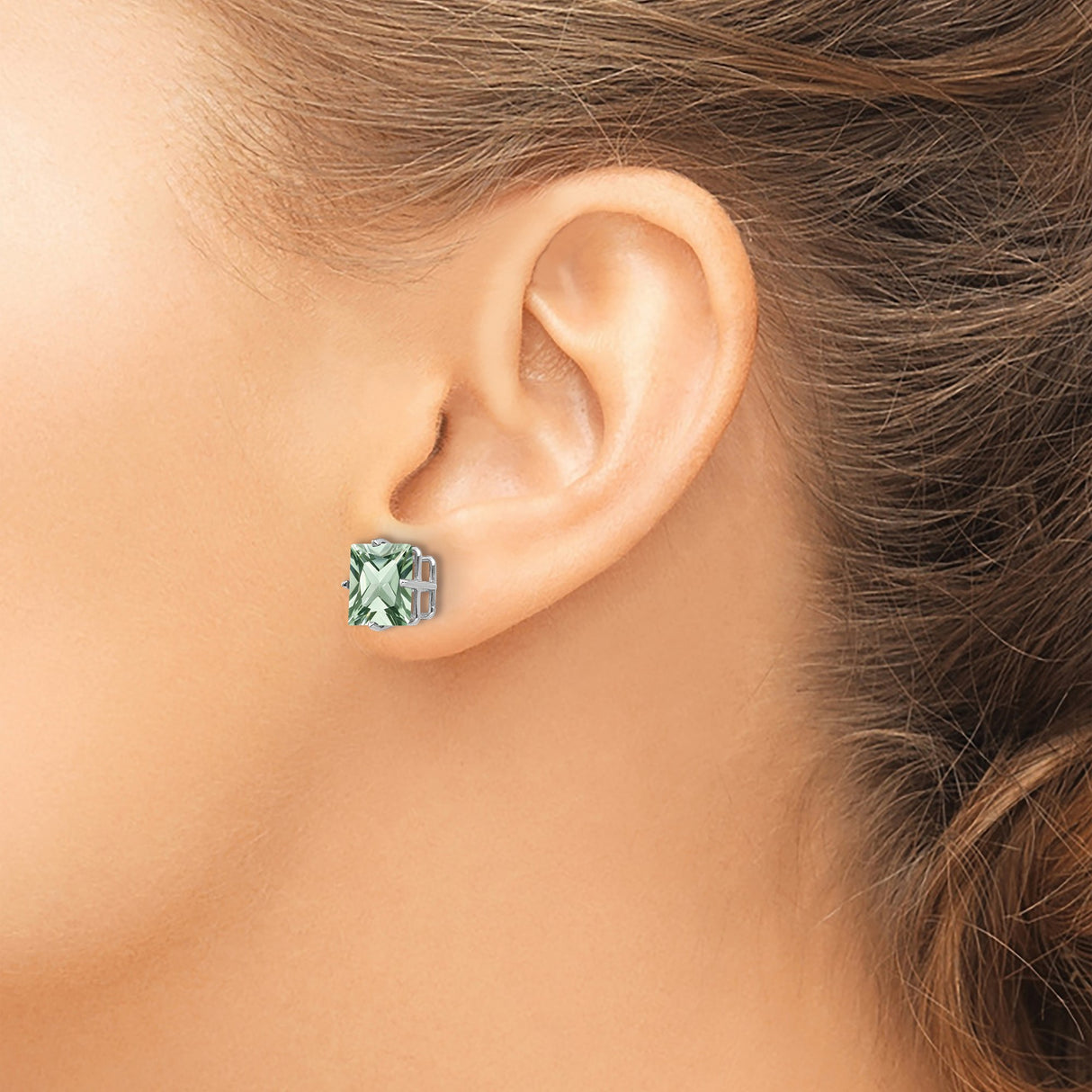 14k White Gold Stud Earrings with Square Cut Green Quartz, Classic Modern Style