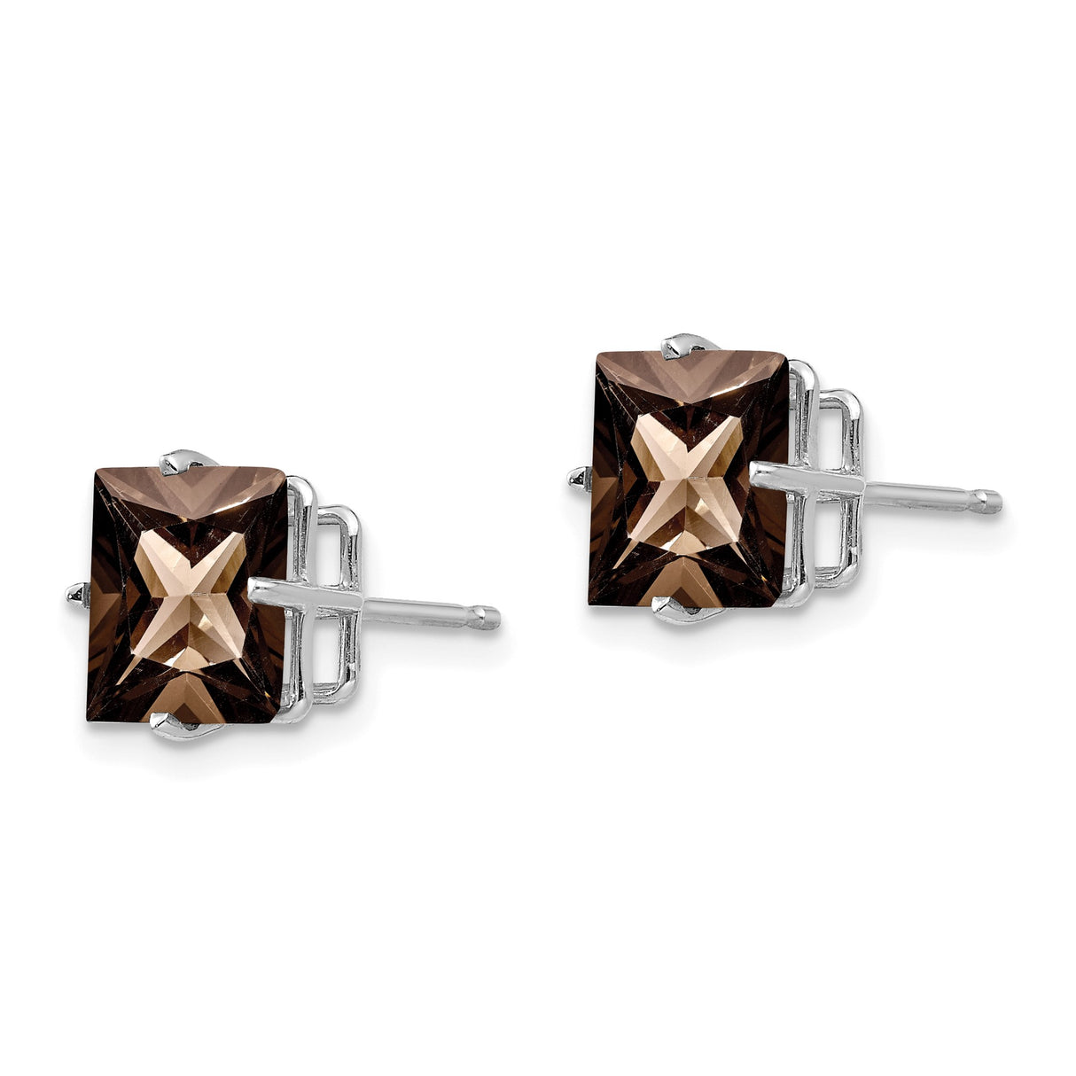 14k White Gold Stud Earrings with Square Cut Smoky Quartz, Minimalist Modern Style