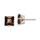 14k White Gold Stud Earrings with Square Cut Smoky Quartz, Minimalist Modern Style